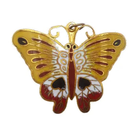 Vintage enamel gold tone butterfly brooch with intricate details and vibrant colors, perfect for adding a touch of elegance to any outfit