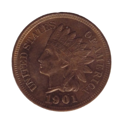 The image is a close up of a 1901 Indian Head one cent USA coin. The coin is in excellent condition and shows great detail. The coin is surrounded by a white background. Obverse Liberty with Indian headdress bearing the word Liberty with the date below. Lettering: UNITED STATES OF AMERICA 1901 