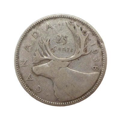 The alt text for the image is "1938 25 Cents Canada 80% Silver Coin". The image is a close-up of a Canadian coin from 1938. The coin is made of 80% silver and has a face value of 25 cents. The coin is in good condition and shows all of the details of the design. The image is useful for people who are interested in Canadian coins or in the history of Canada.