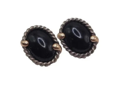 Vintage Kabana Black Onyx Sterling Silver & 14K Gold Earrings Native Made
