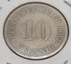 Reverse The value to the left of the date on the rim. Lettering: DEUTSCHES REICH 1892 10 • PFENNIG • 