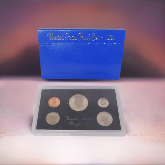 1983 United States Coin Proof Set featuring a collection of beautifully crafted, mirrored finish coins including the Kennedy half dollar, Washington quarter, Roosevelt dime, Jefferson nickel, and Lincoln penny