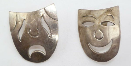 Vintage Taxco Comedy Tragedy Theater Mask Sterling Silver Earrings