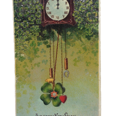 Antique postcard featuring festive New Year's greetings with a vintage design of a clock and four leaf clover, printed in Germany and posted in 1910.