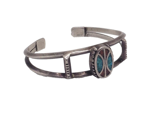 Vintage Zuni Sterling Silver Cuff Bracelet Inlaid with Turquoise and Coral Native American Made