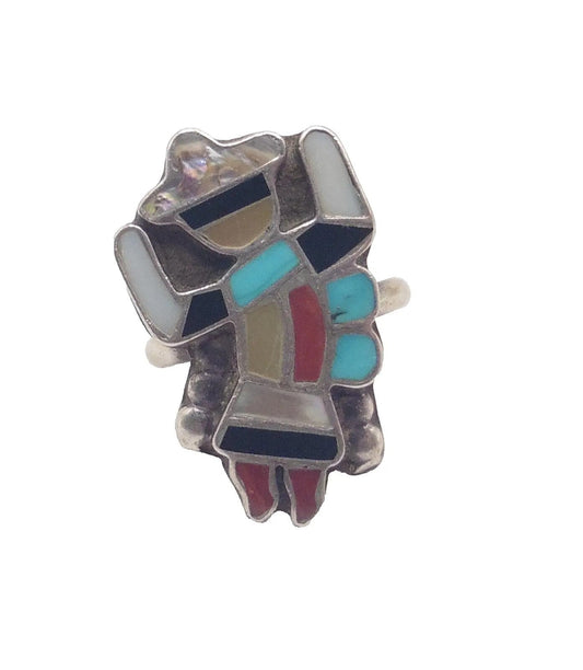 Vintage Zuni Sterling Silver Rainbow Dancer Ring Native American Made Turquoise Coral Mother of Pearl
